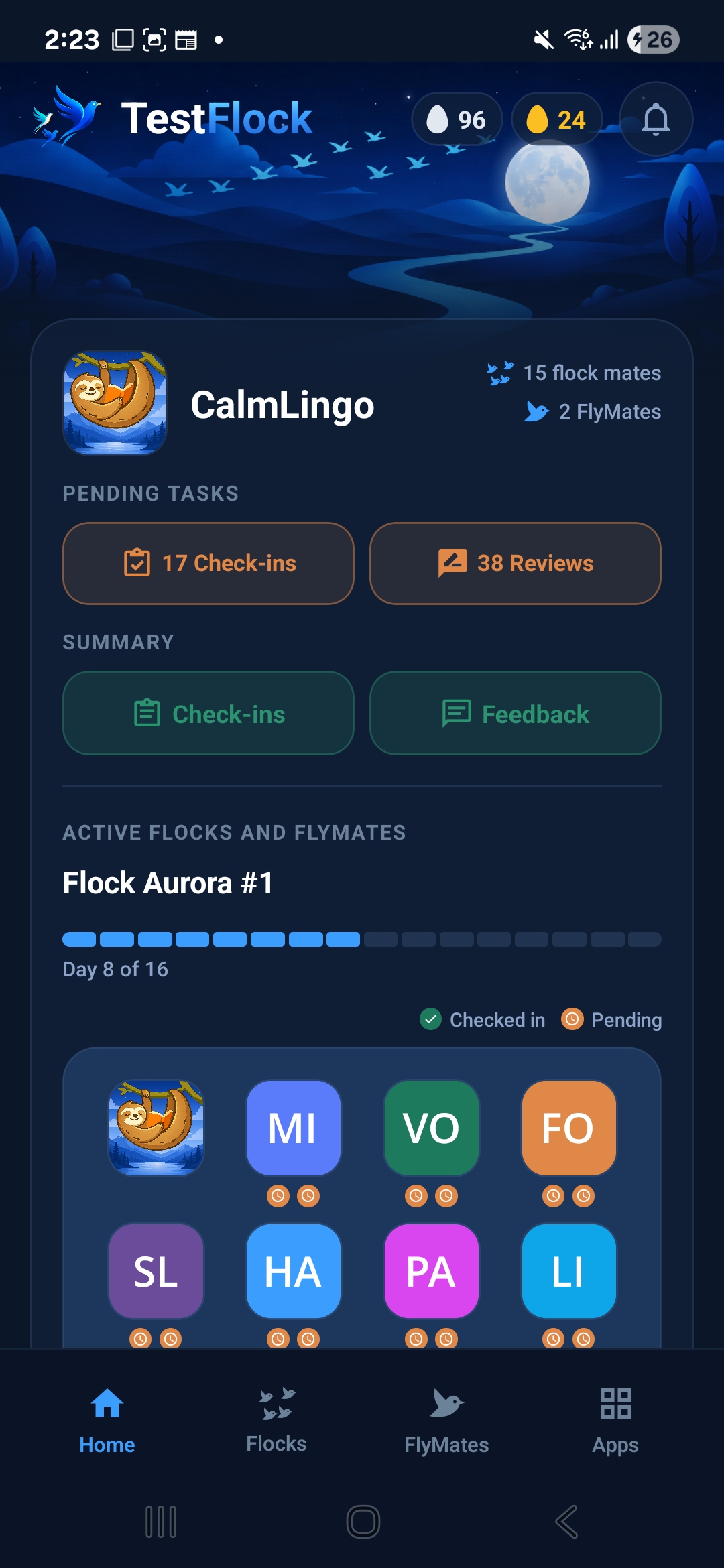 TestFlock home screen