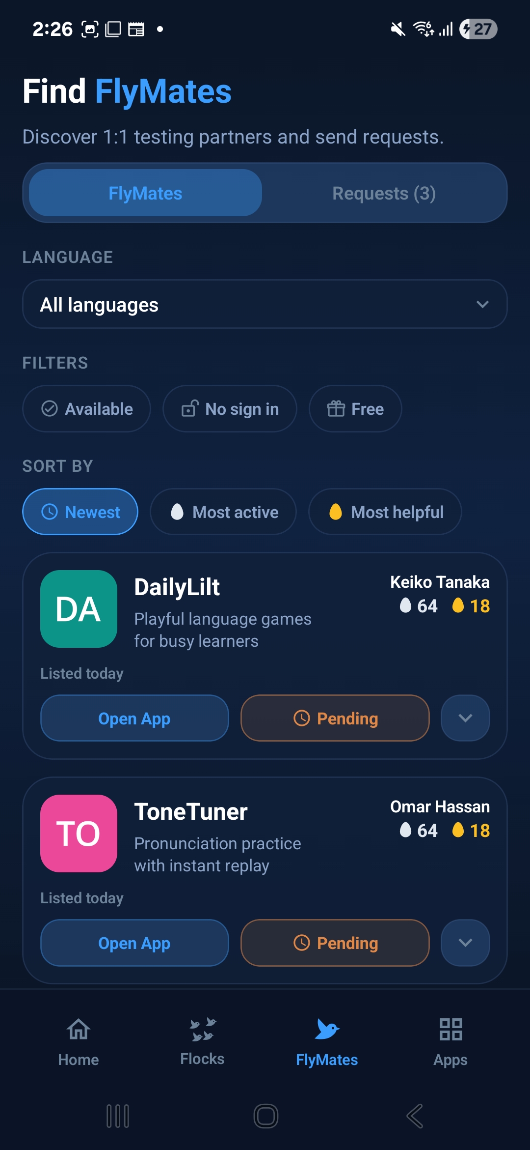 TestFlock app details screen