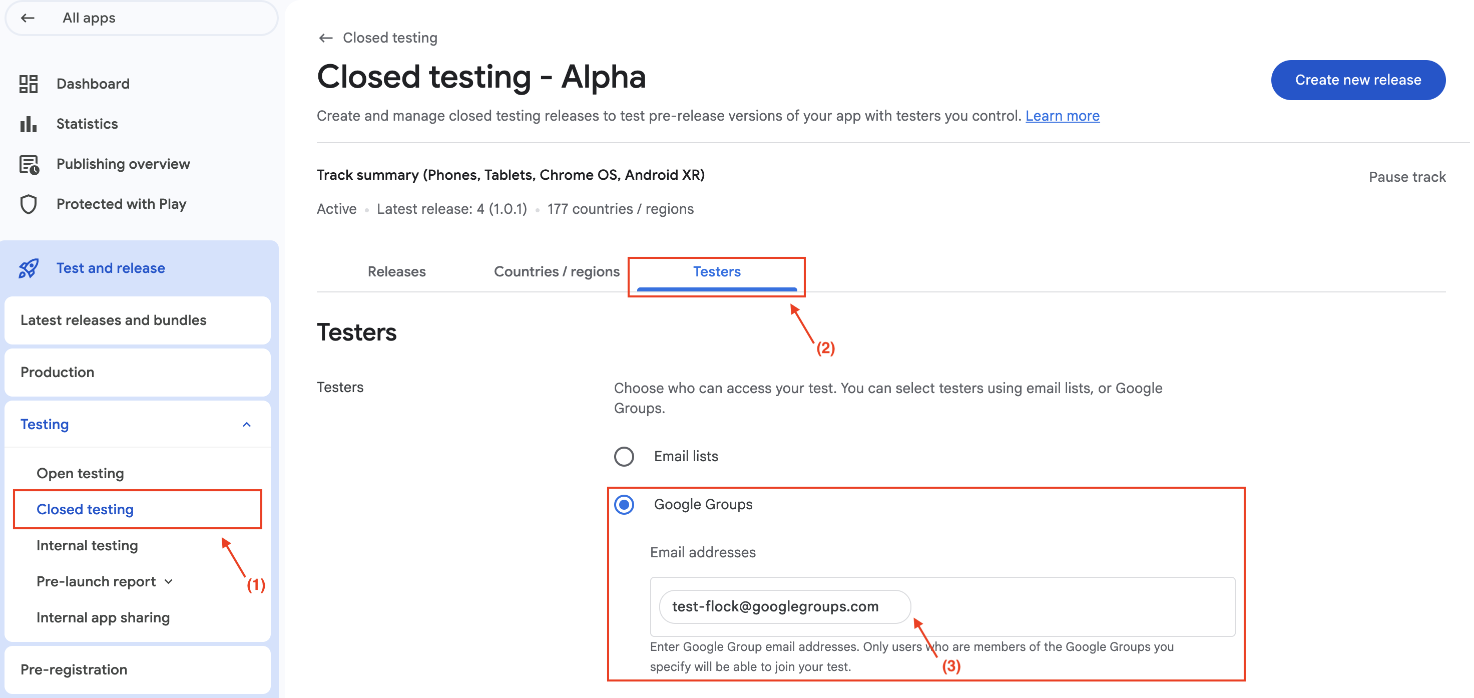 Play Console closed testing testers screen showing Google Group email