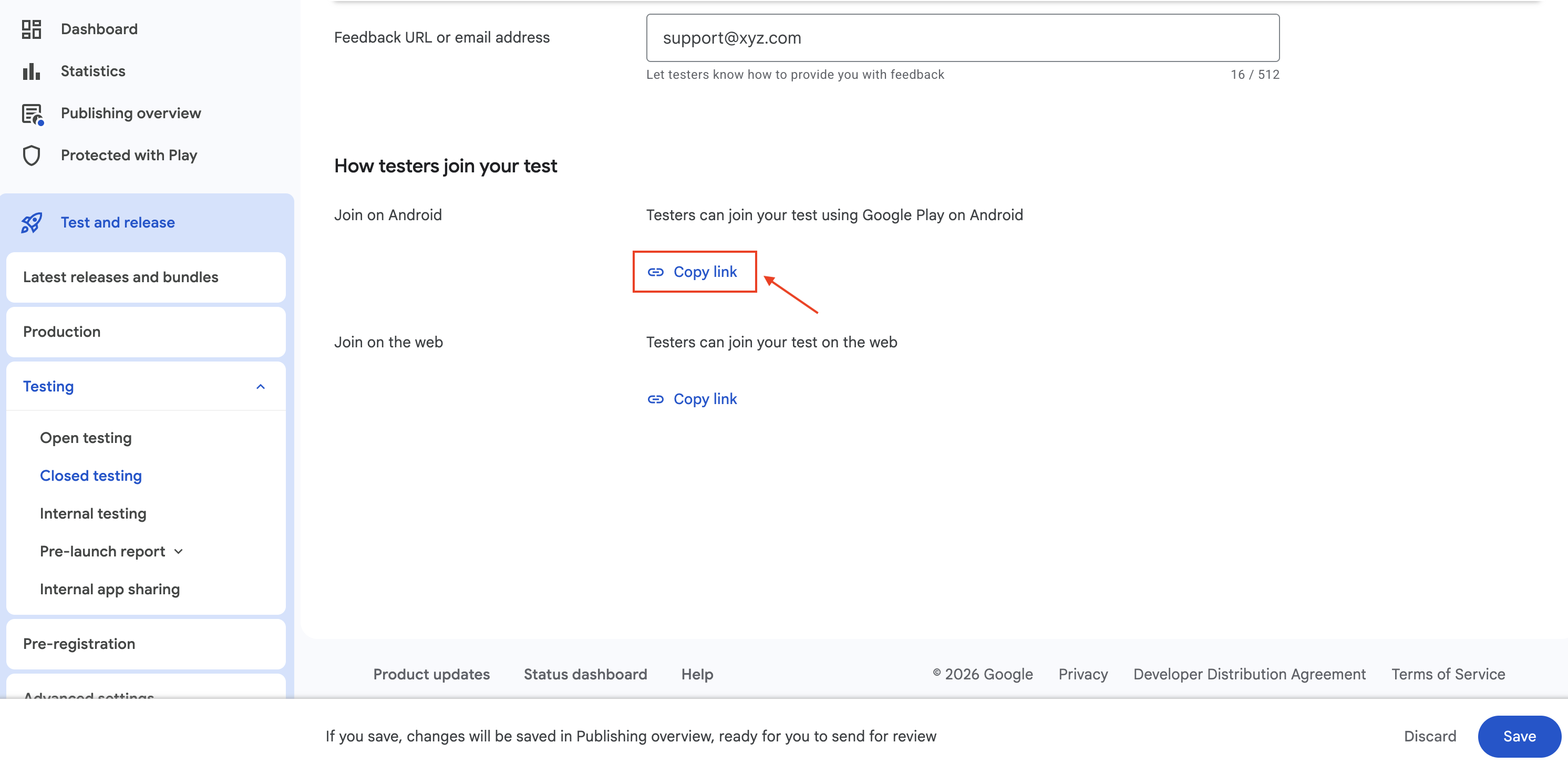 Play Console closed testing opt-in link